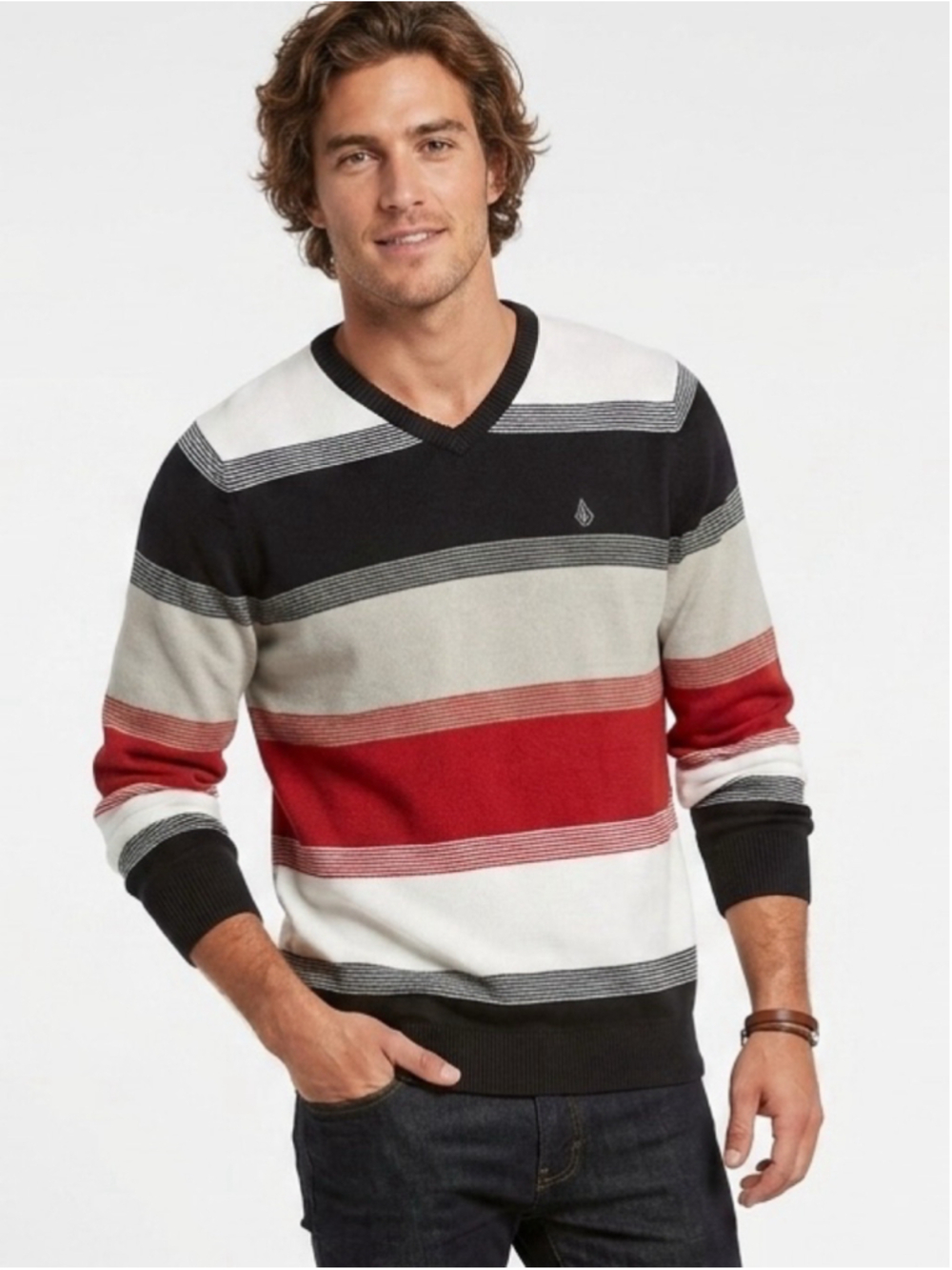 Men's Volcom Corpo Class Multi Color Striped V-Neck Knit Skater Sweater Med 696